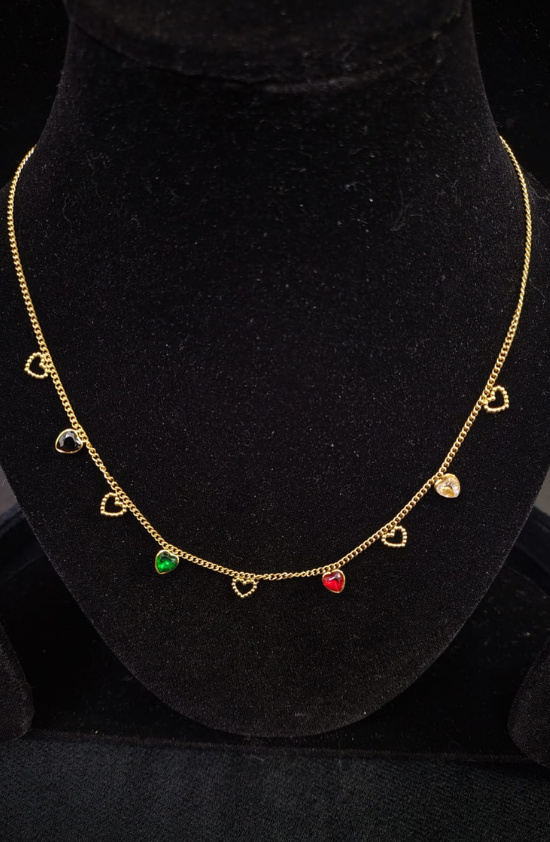 Anti Tarnish Gold Plated Necklace with Heart Shape Multi Color Stone Pandant