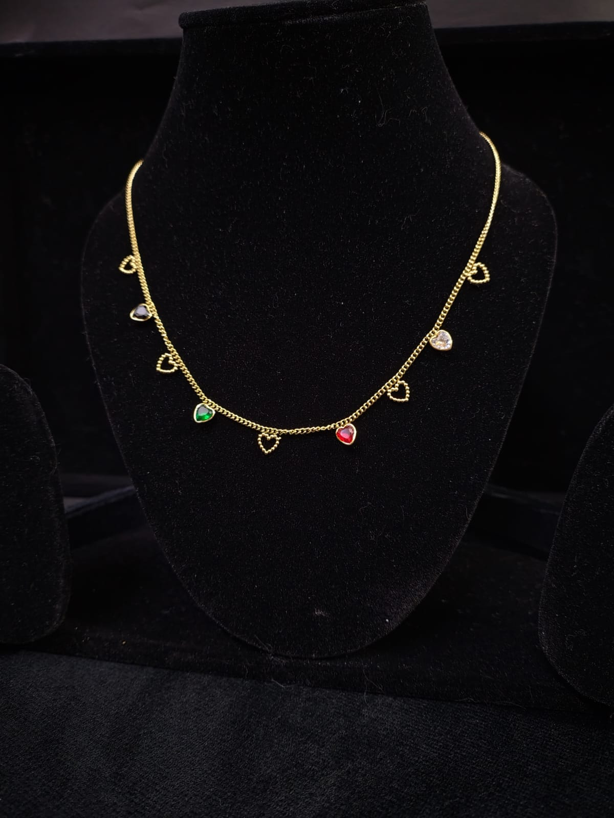 Anti Tarnish Gold Plated Necklace with Heart Shape Multi Color Stone Pandant