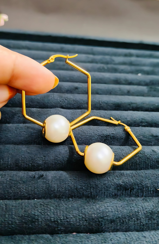 Anti Tarnish Hexagon White Stone Premium Ear Ring